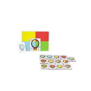 Jogo Balão Colorido da Materiais para Brincar, mostrando uma placa de madeira com um balão vazado posicionado sobre uma superfície colorida, formando uma combinação de cores.