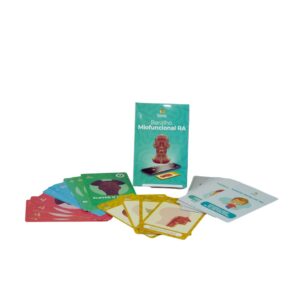 Baralho Miofuncional em Realidade Aumentada, com uma carta mostrando um modelo 3D de um músculo da face, e um celular ao lado exibindo a aplicação.