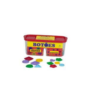 Kit Botões da Materiais para Brincar, mostrando um pote com duas aberturas e botões coloridos de diferentes formas (círculo, quadrado, estrela, etc.).