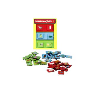 Jogo de associações Combinações, da Materiais para Brincar, com uma placa de MDF e 54 peças coloridas.