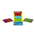 Jogo de associações Combinações, da Materiais para Brincar, com uma placa de MDF e 54 peças coloridas.