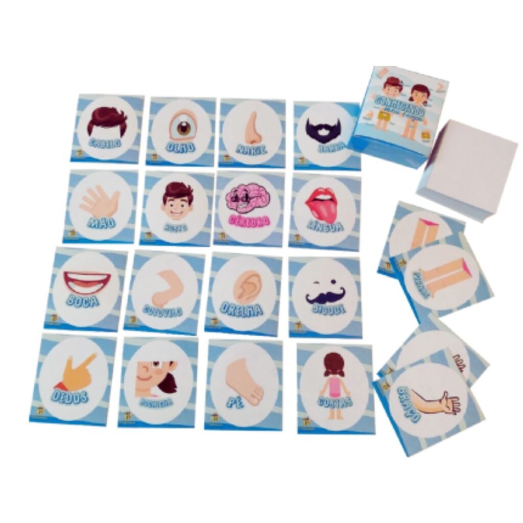 Jogo Conhecendo Meu Corpo da Materiais Para Brincar, mostrando as cartas espalhadas, com algumas duplas de partes do corpo já viradas para cima e a carta do cérebro visível.