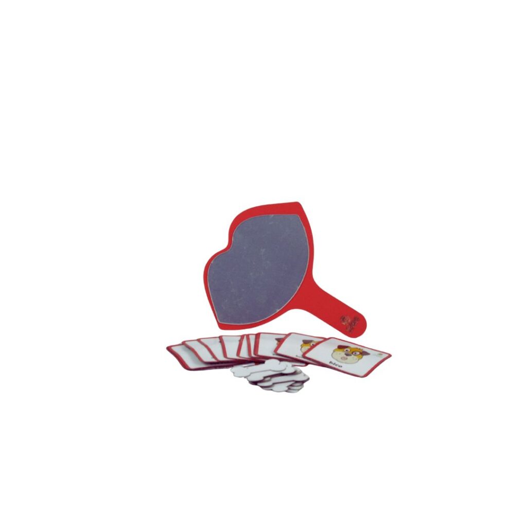 Jogo Imite o Cachorrinho da Materiais para Brincar, com figuras magnéticas de exercícios orofaciais, ossinhos de recompensa e um espelho em forma de boca.