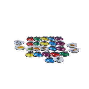 Jogo Joaninha Alfabeto para crianças, com várias peças em MDF em formato de joaninha, mostrando letras maiúsculas e minúsculas.