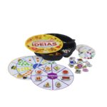 Kit Juntando Ideias da Materiais Para Brincar, mostrando as 6 caixas de cenário em madeira com algumas das 121 peças de MDF já encaixadas, organizadas por cores e formas.