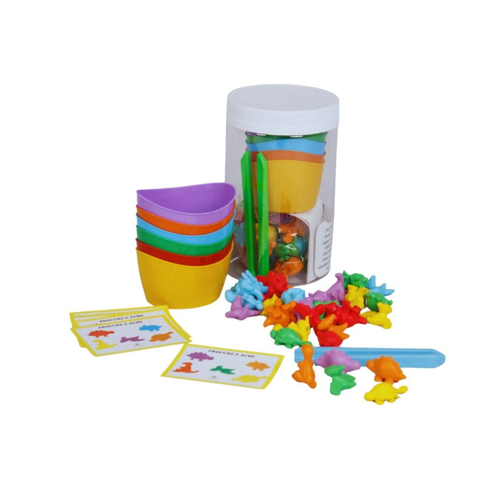 Kit Montessori Dinossauros da Materiais para Brincar, com potes coloridos, pinça e miniaturas de dinossauros.
