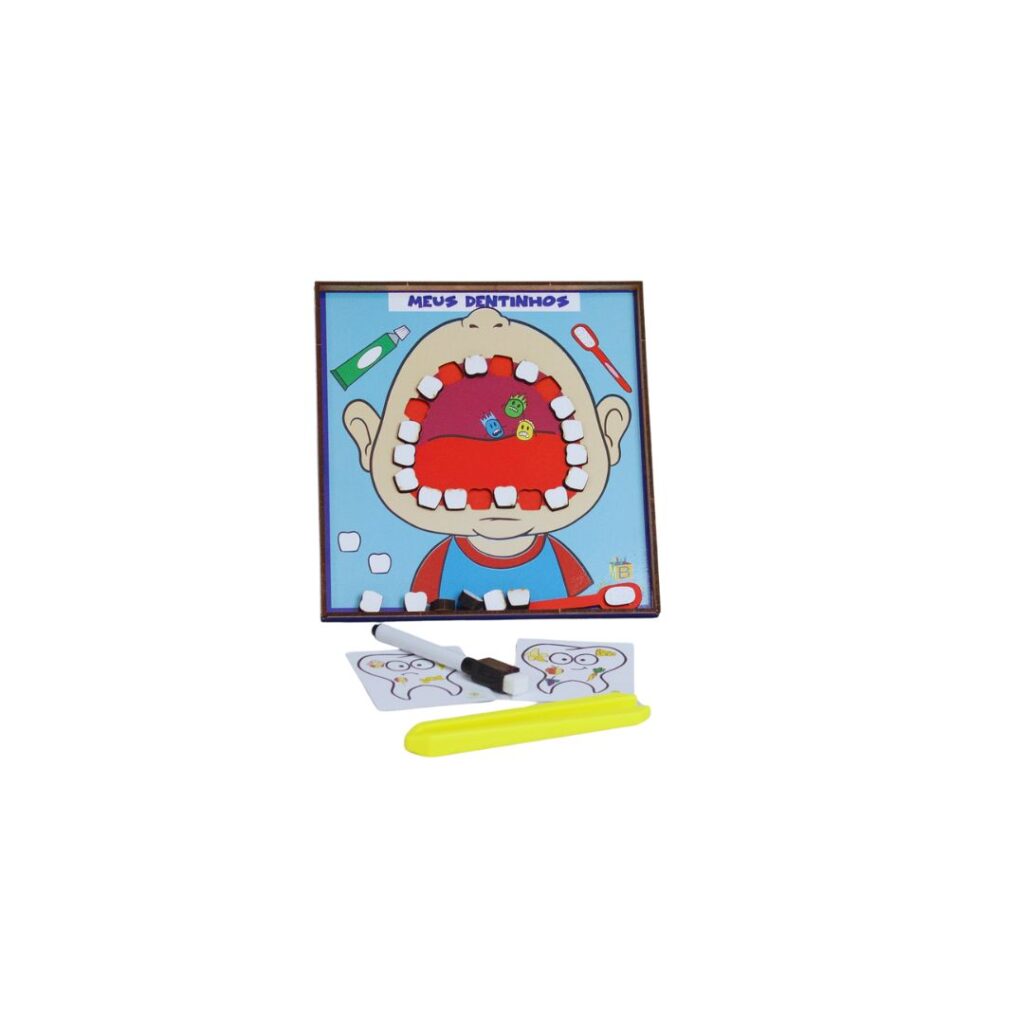 Brinquedo Meus Dentinhos da Materiais para Brincar, mostrando um conjunto de dentes de brinquedo e uma escova de dentes em destaque.