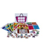 Jogo Minhas Lojinhas da Materiais para Brincar, mostrando um cenário de loja com fichas de produtos e uma cesta de compras.