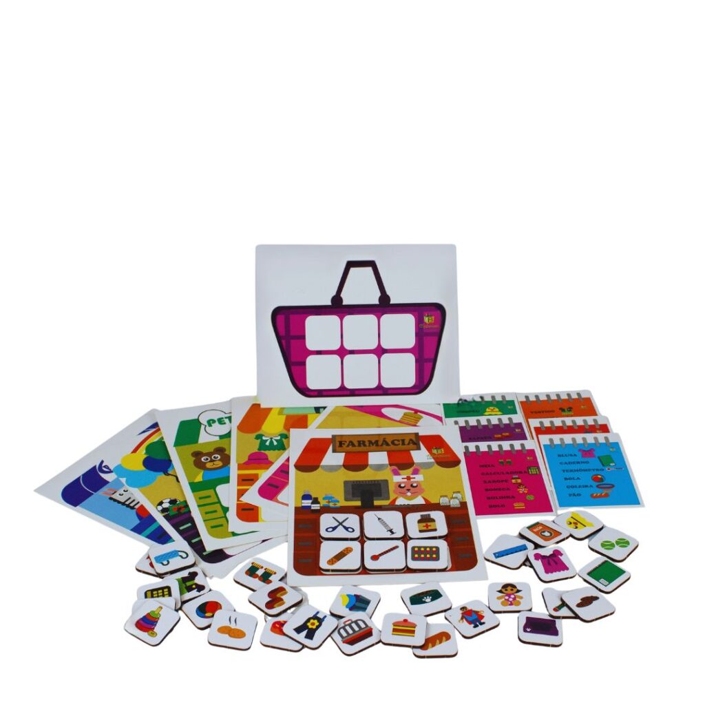 Jogo Minhas Lojinhas da Materiais para Brincar, mostrando um cenário de loja com fichas de produtos e uma cesta de compras.