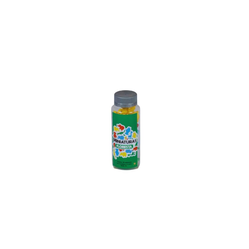 Kit Miniaturas Floresta da Materiais Para Brincar, mostrando o pote verde com algumas das miniaturas de animais espalhadas ao redor. As miniaturas, em cores vibrantes, estão organizadas por tipo ou cor, como um grupo de elefantes azuis.