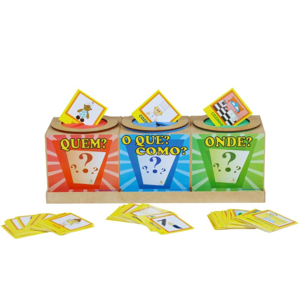 O jogo Quem, O Que e Onde? da Materiais Para Brincar, mostrando a caixa de madeira com os três furos. Algumas figuras (uma pessoa, uma ação, um lugar e um sentimento) estão espalhadas na mesa.