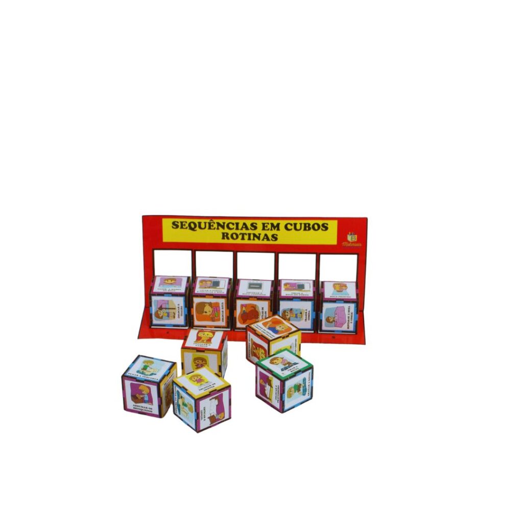 Jogo de Sequências em Cubos da Materiais para Brincar, com 10 cubos de MDF empilhados e ilustrados.