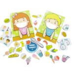 Kit Vamos Comer? da Materiais para Brincar, mostrando um boneco de madeira com alimentos de brinquedo sendo colocados na boca.