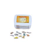 Kit Vocabulário 1 - Laranja da Materiais para Brincar, mostrando 60 fichas magnéticas de categorias como animais, alimentos e transportes.